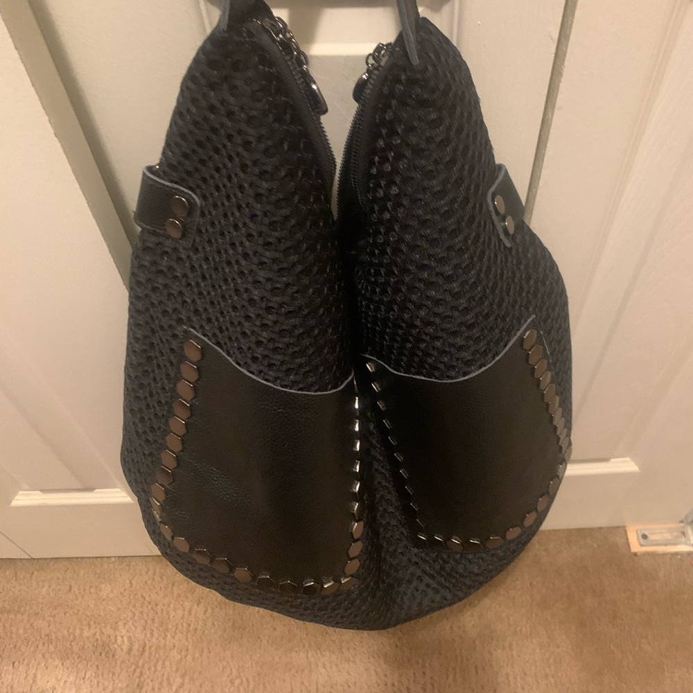 Black Woven Hobo Bag with Leather Accents